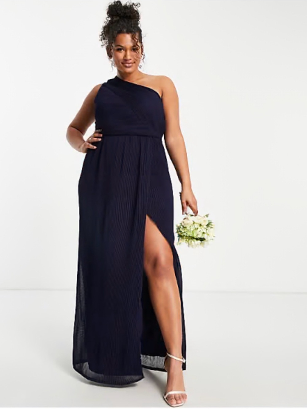 Bridesmaid One-Shoulder Navy Evening Maxi Dress with High Slit